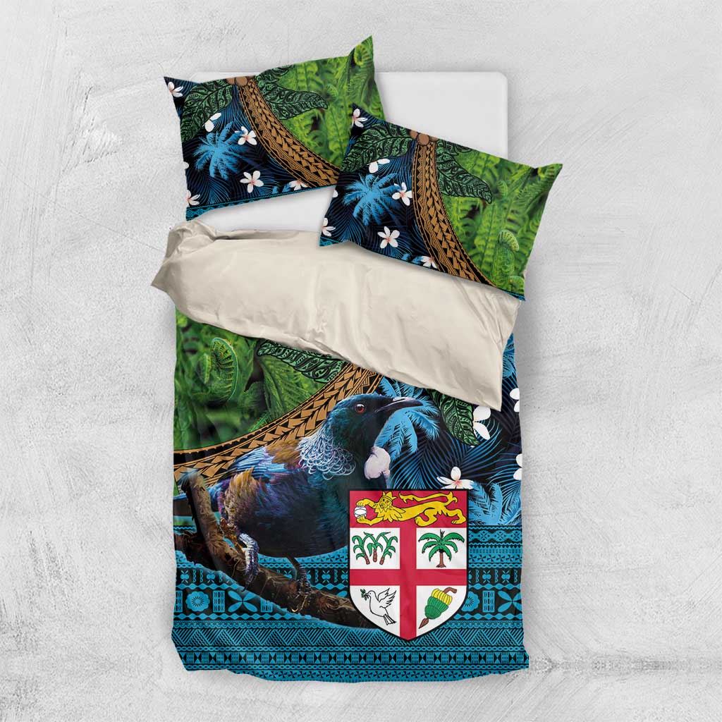Fiji and New Zealand Tui Bird Bedding Set Koru Fern Leafs and Palm Tree With Plumeria LT03 US Twin 172cm x 218cm Blue - Polynesian Pride