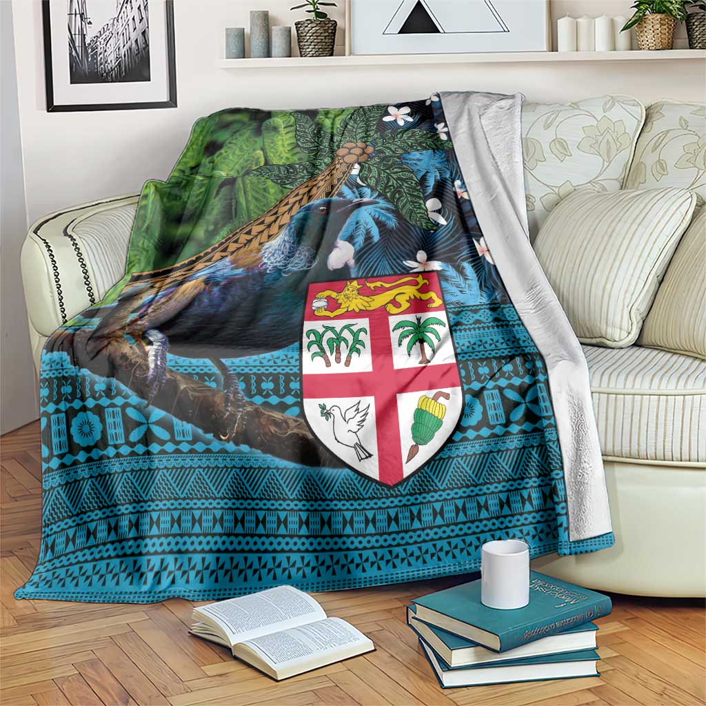 Fiji and New Zealand Tui Bird Blanket Koru Fern Leafs and Palm Tree With Plumeria LT03 Blue - Polynesian Pride