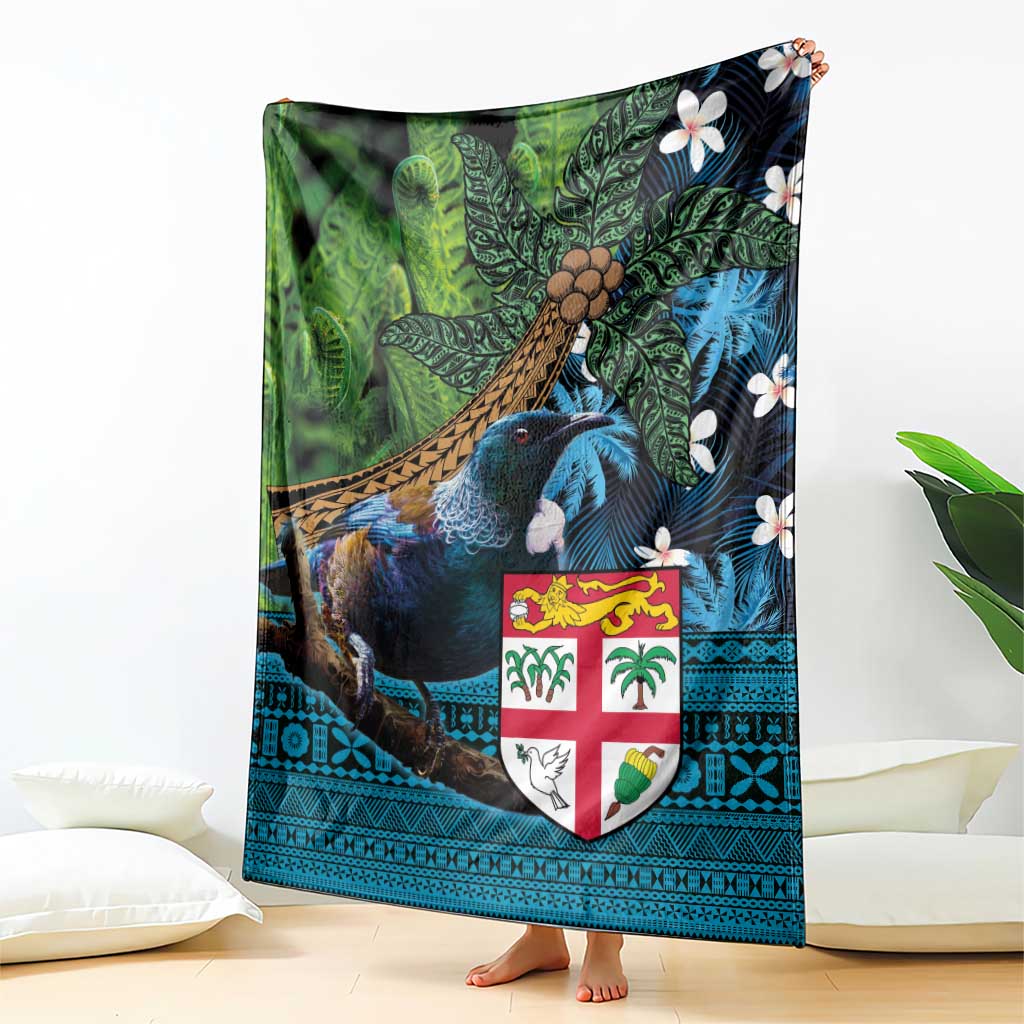 Fiji and New Zealand Tui Bird Blanket Koru Fern Leafs and Palm Tree With Plumeria LT03 - Polynesian Pride
