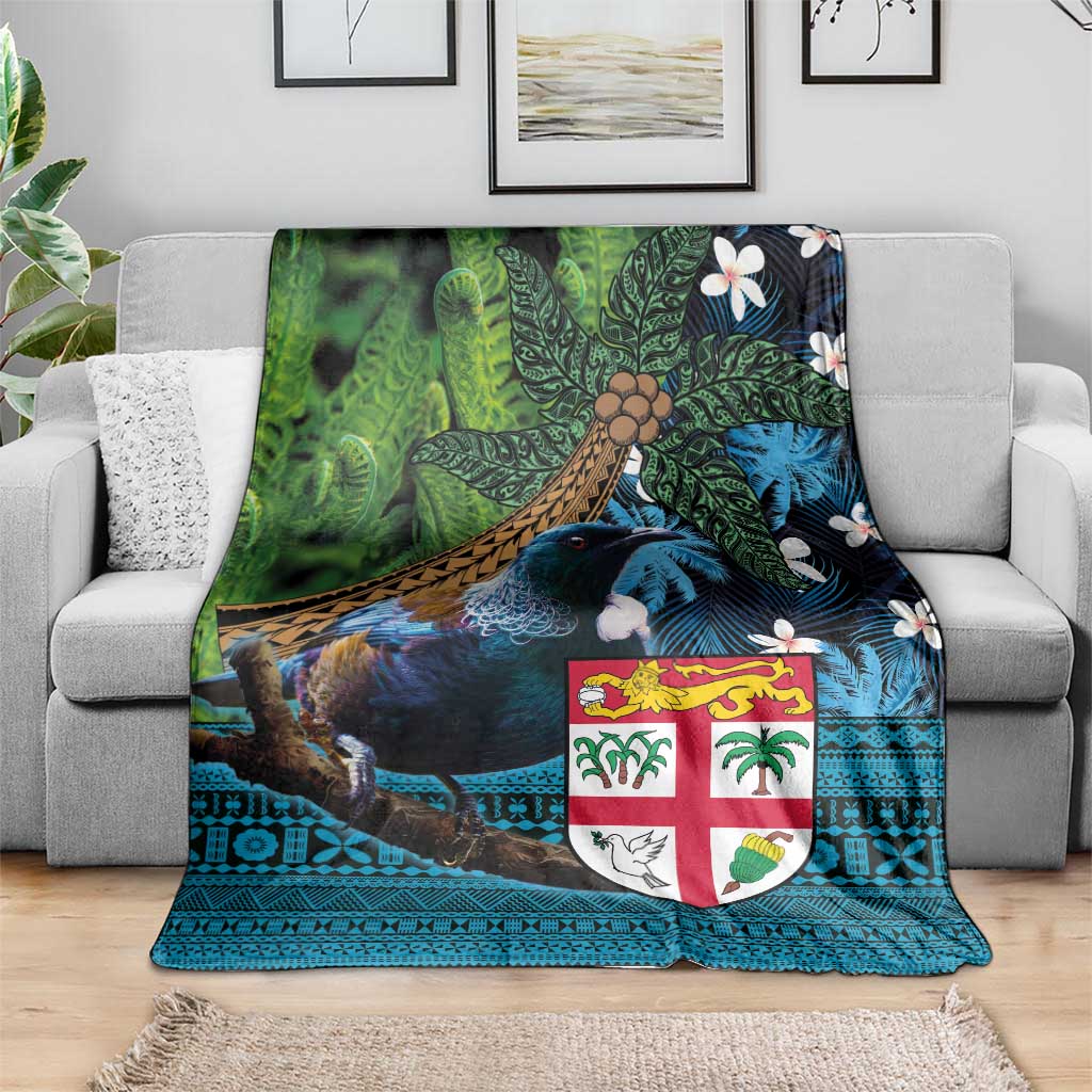 Fiji and New Zealand Tui Bird Blanket Koru Fern Leafs and Palm Tree With Plumeria LT03 - Polynesian Pride