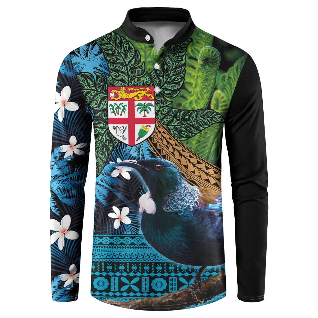 Fiji and New Zealand Tui Bird Button Sweatshirt Koru Fern Leafs and Palm Tree With Plumeria LT03 Blue - Polynesian Pride