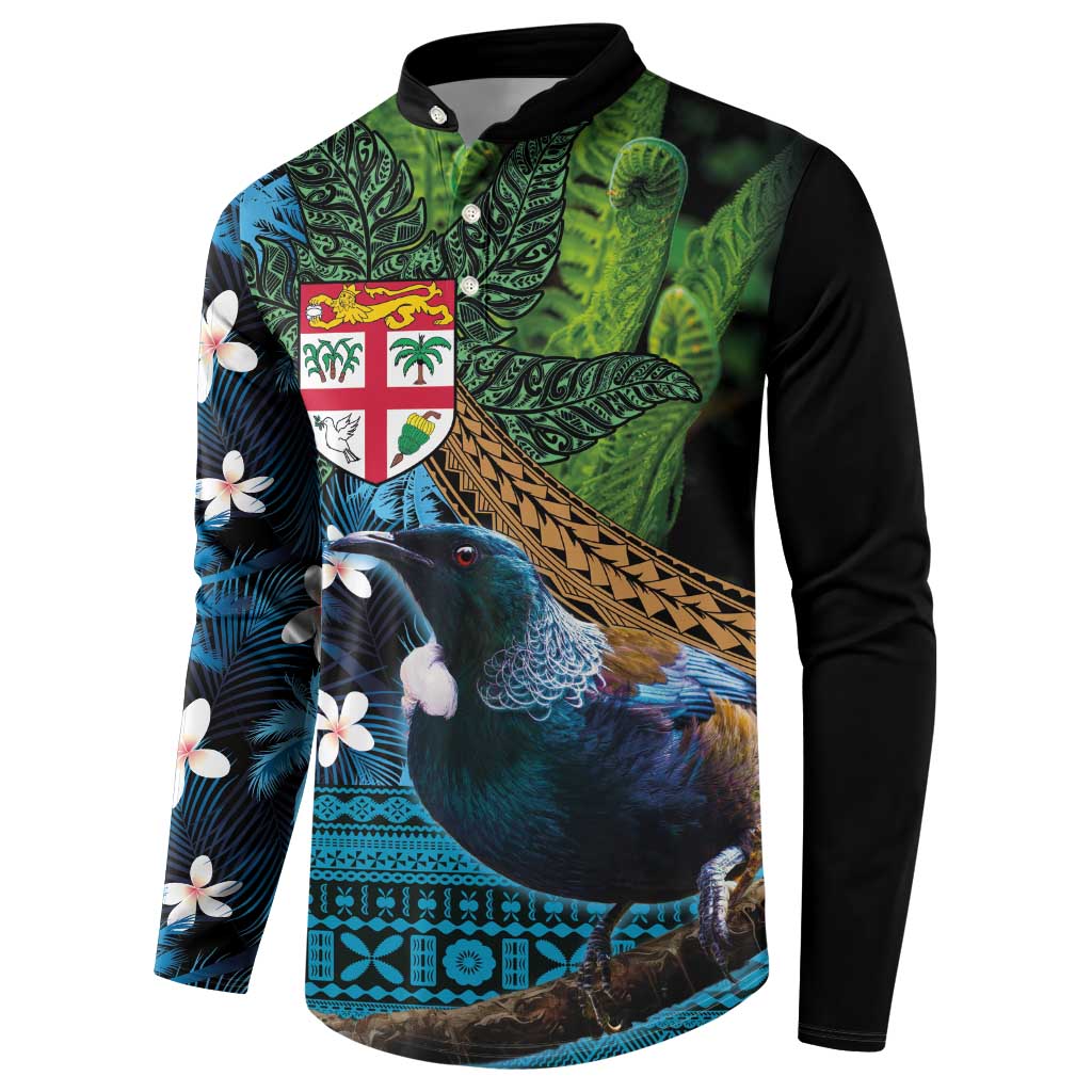 Fiji and New Zealand Tui Bird Button Sweatshirt Koru Fern Leafs and Palm Tree With Plumeria LT03 - Polynesian Pride