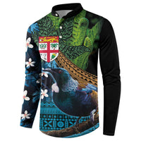 Fiji and New Zealand Tui Bird Button Sweatshirt Koru Fern Leafs and Palm Tree With Plumeria LT03 - Polynesian Pride