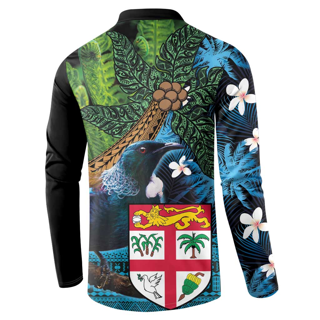 Fiji and New Zealand Tui Bird Button Sweatshirt Koru Fern Leafs and Palm Tree With Plumeria LT03 - Polynesian Pride