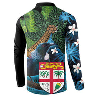 Fiji and New Zealand Tui Bird Button Sweatshirt Koru Fern Leafs and Palm Tree With Plumeria LT03 - Polynesian Pride