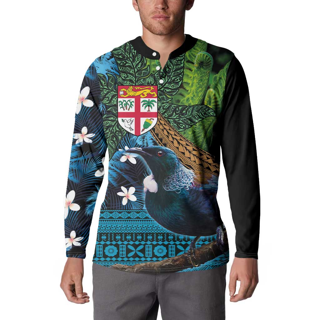 Fiji and New Zealand Tui Bird Button Sweatshirt Koru Fern Leafs and Palm Tree With Plumeria LT03 - Polynesian Pride