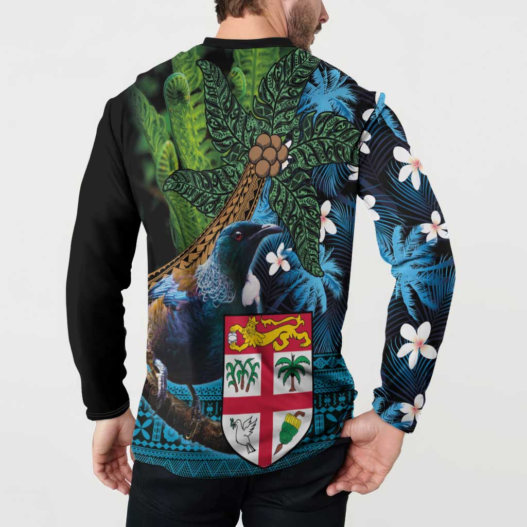 Fiji and New Zealand Tui Bird Button Sweatshirt Koru Fern Leafs and Palm Tree With Plumeria LT03 - Polynesian Pride