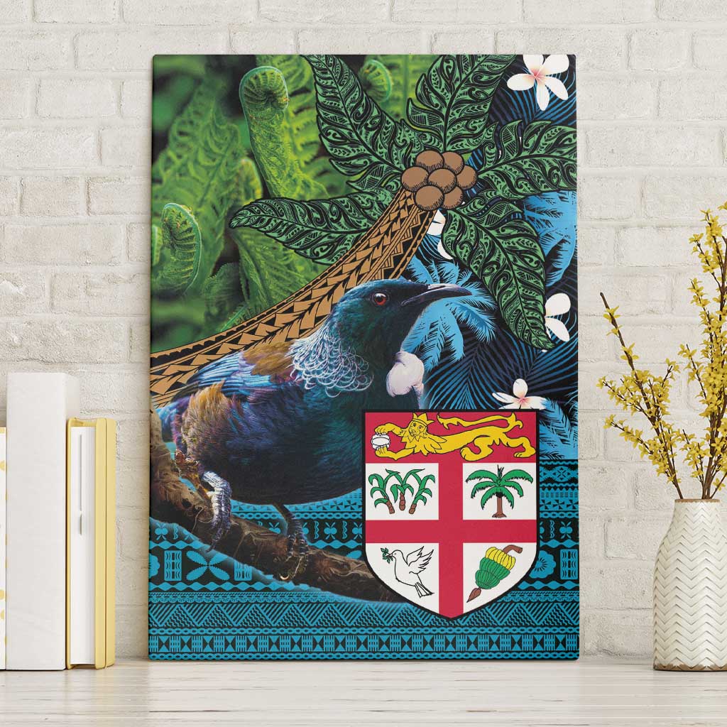 Fiji and New Zealand Tui Bird Canvas Wall Art Koru Fern Leafs and Palm Tree With Plumeria LT03 Without Frame Blue - Polynesian Pride