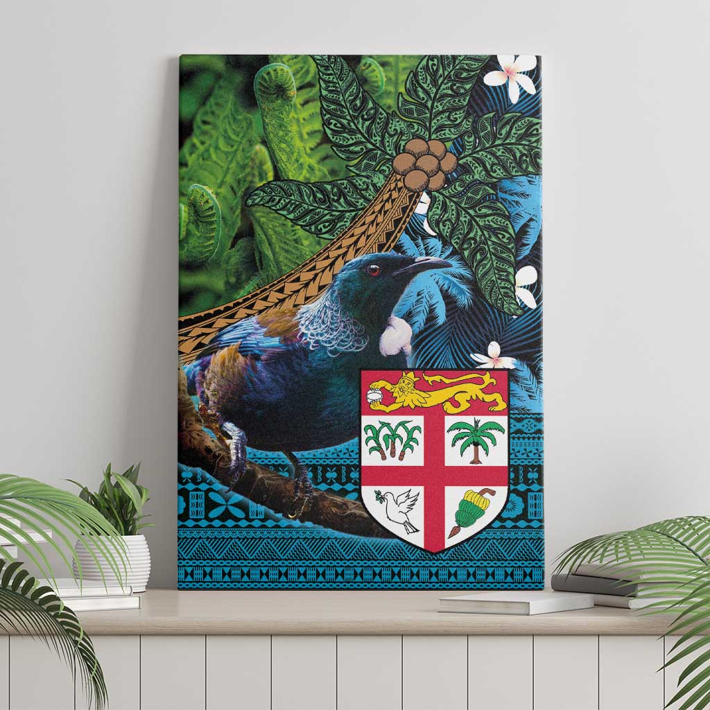 Fiji and New Zealand Tui Bird Canvas Wall Art Koru Fern Leafs and Palm Tree With Plumeria LT03 - Polynesian Pride