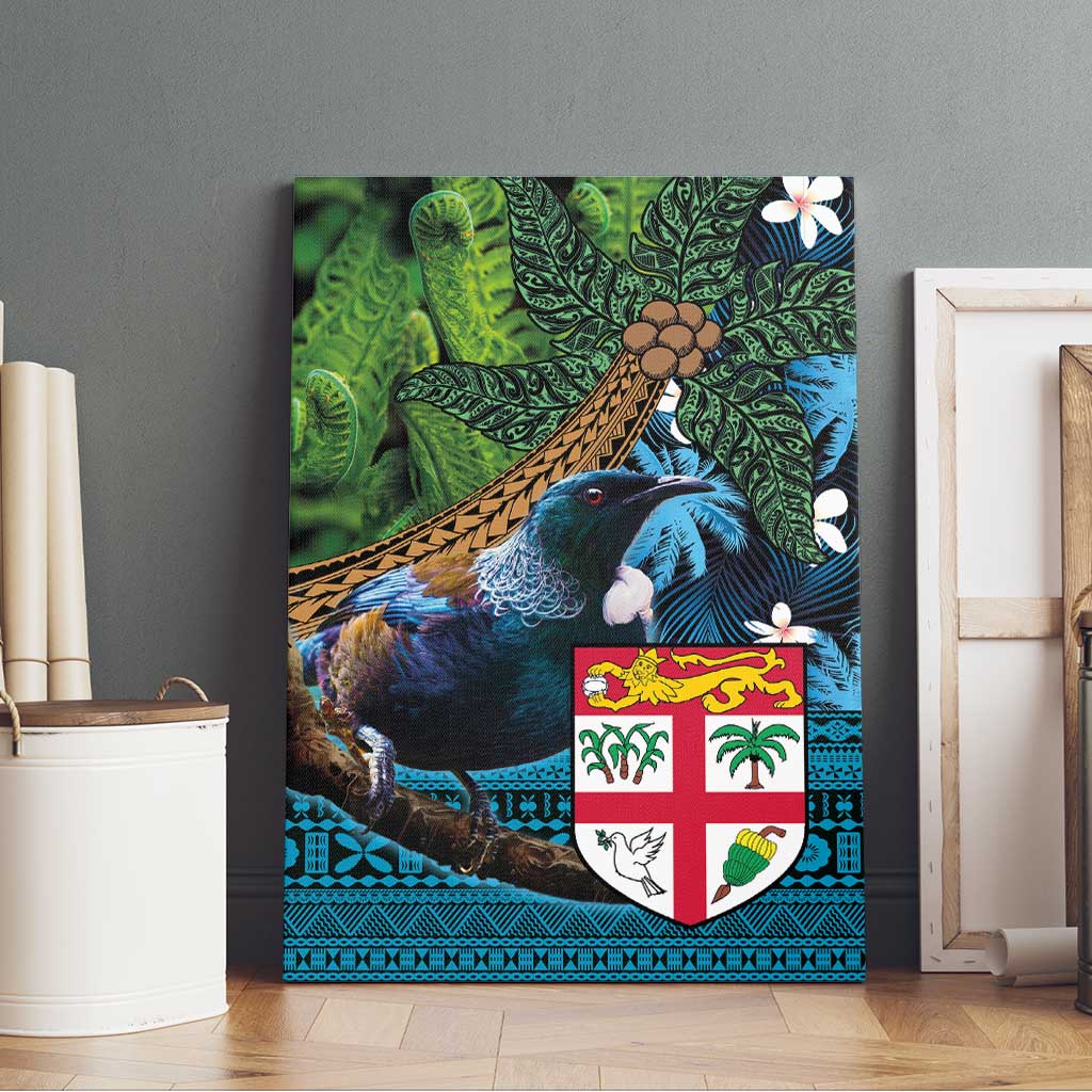 Fiji and New Zealand Tui Bird Canvas Wall Art Koru Fern Leafs and Palm Tree With Plumeria LT03 - Polynesian Pride