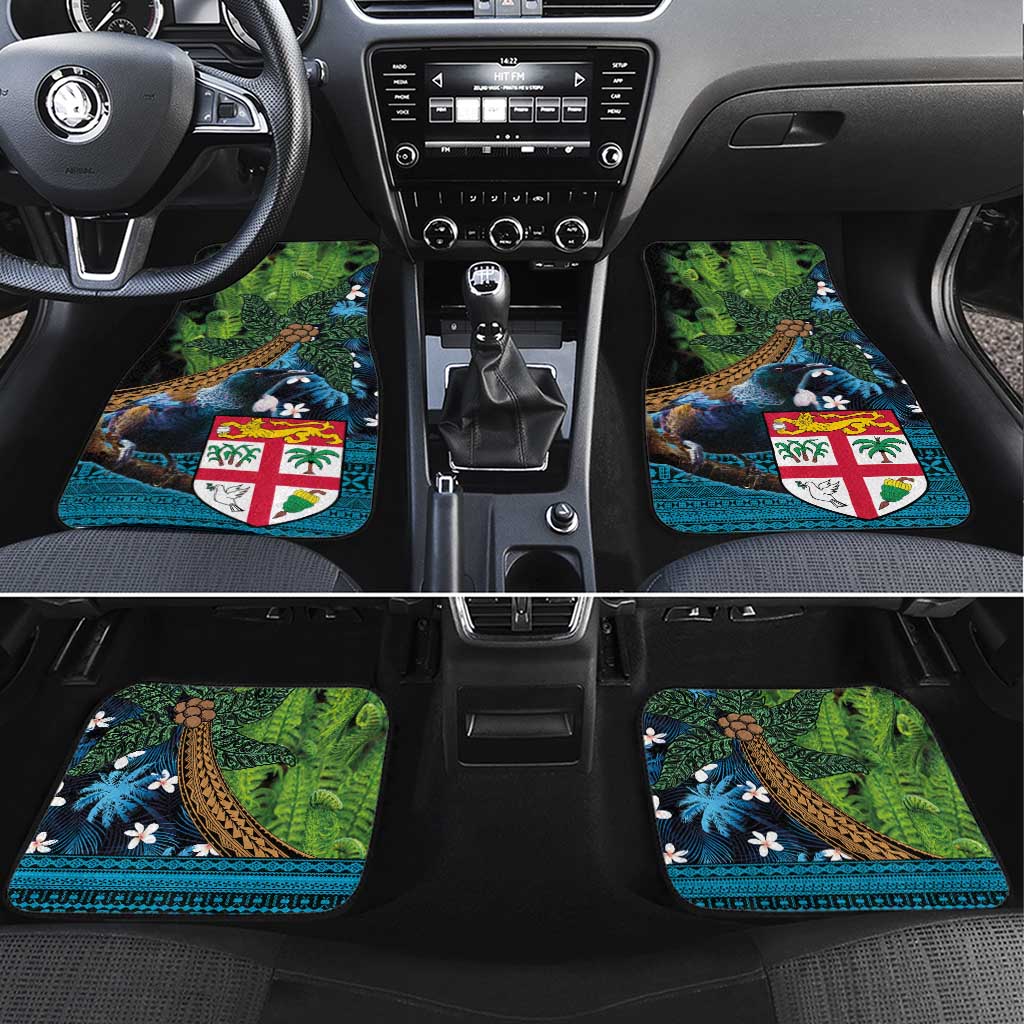 Fiji and New Zealand Tui Bird Car Mats Koru Fern Leafs and Palm Tree With Plumeria LT03 Set 4pcs Blue - Polynesian Pride
