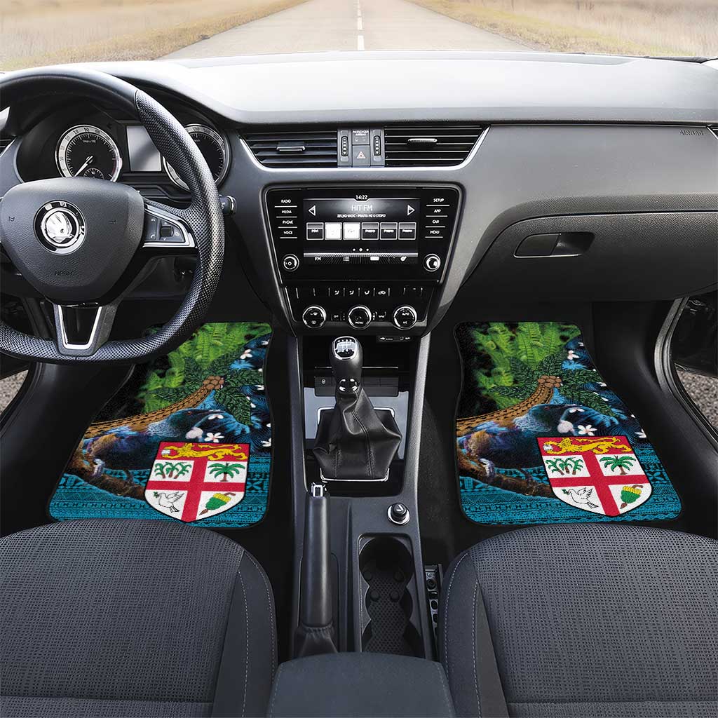 Fiji and New Zealand Tui Bird Car Mats Koru Fern Leafs and Palm Tree With Plumeria LT03 Set 2pcs - Front Blue - Polynesian Pride