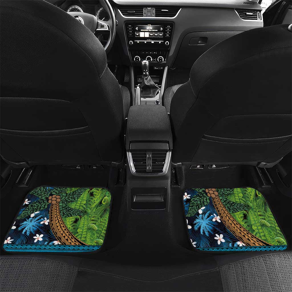 Fiji and New Zealand Tui Bird Car Mats Koru Fern Leafs and Palm Tree With Plumeria LT03 Set 2pcs - Back Blue - Polynesian Pride