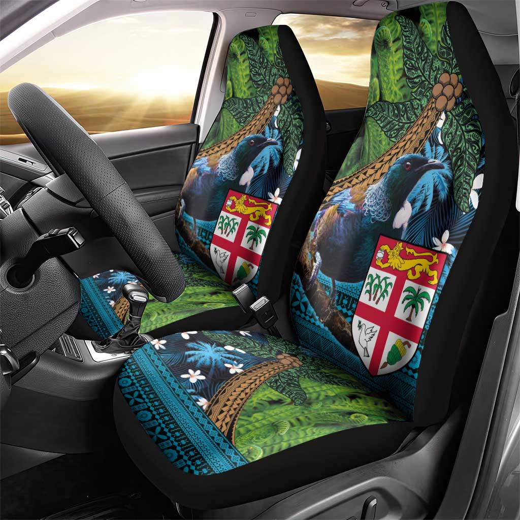 Fiji and New Zealand Tui Bird Car Seat Cover Koru Fern Leafs and Palm Tree With Plumeria LT03 - Polynesian Pride