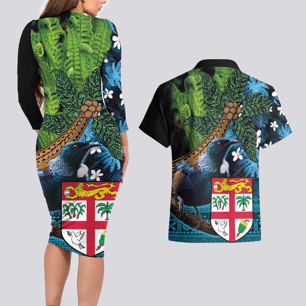 Fiji and New Zealand Tui Bird Couples Matching Long Sleeve Bodycon Dress and Hawaiian Shirt Koru Fern Leafs and Palm Tree With Plumeria LT03 - Polynesian Pride