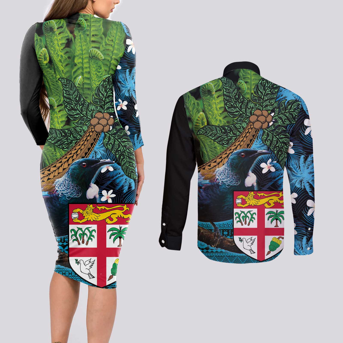 Fiji and New Zealand Tui Bird Couples Matching Long Sleeve Bodycon Dress and Long Sleeve Button Shirt Koru Fern Leafs and Palm Tree With Plumeria LT03 - Polynesian Pride