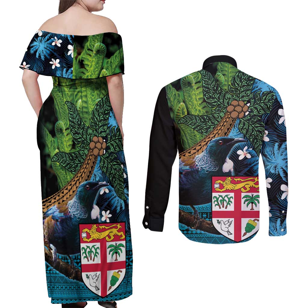 Fiji and New Zealand Tui Bird Couples Matching Off Shoulder Maxi Dress and Long Sleeve Button Shirt Koru Fern Leafs and Palm Tree With Plumeria LT03 - Polynesian Pride