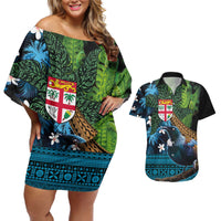 Fiji and New Zealand Tui Bird Couples Matching Off Shoulder Short Dress and Hawaiian Shirt Koru Fern Leafs and Palm Tree With Plumeria LT03 Blue - Polynesian Pride
