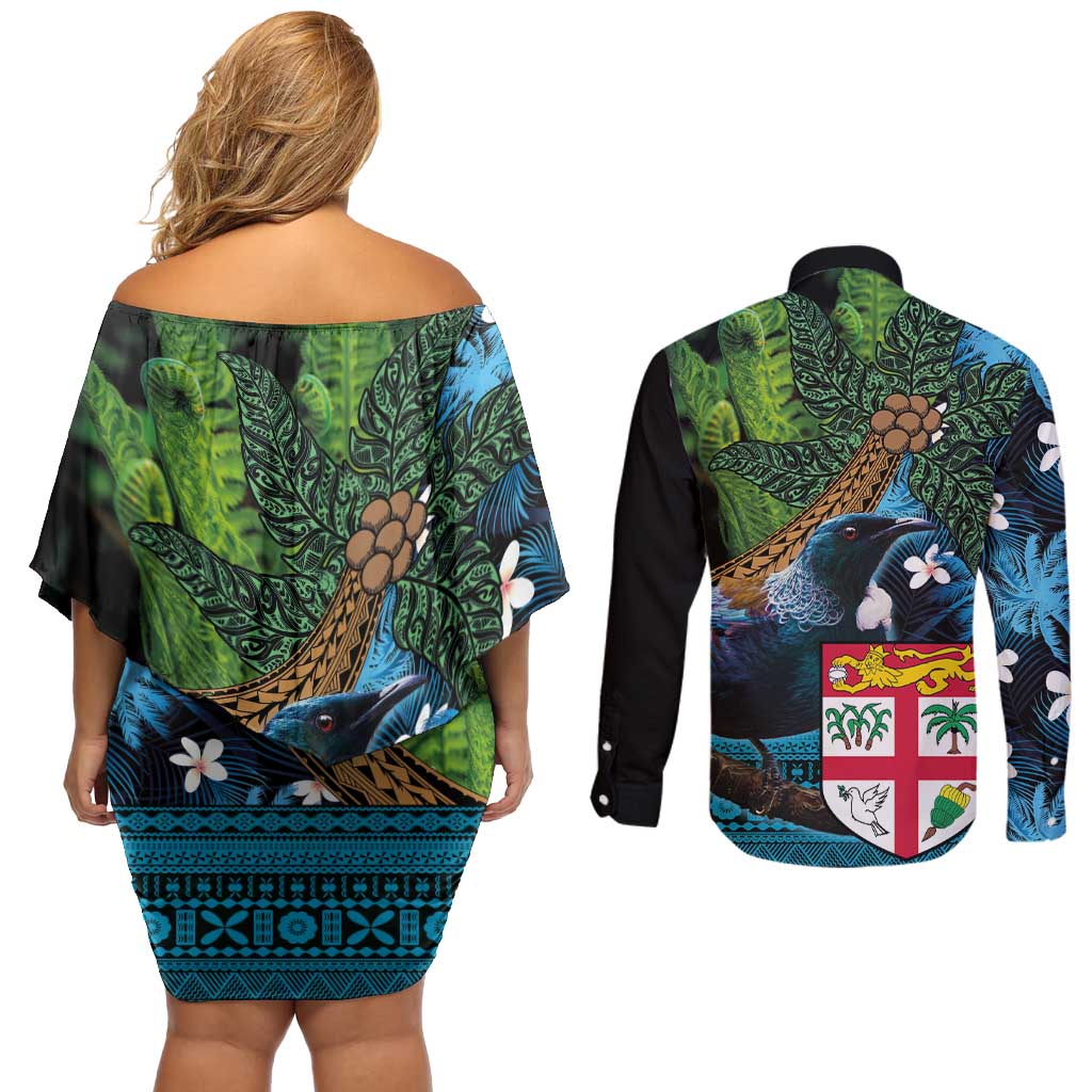 Fiji and New Zealand Tui Bird Couples Matching Off Shoulder Short Dress and Long Sleeve Button Shirt Koru Fern Leafs and Palm Tree With Plumeria LT03 - Polynesian Pride