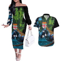 Fiji and New Zealand Tui Bird Couples Matching Off The Shoulder Long Sleeve Dress and Hawaiian Shirt Koru Fern Leafs and Palm Tree With Plumeria LT03 Blue - Polynesian Pride