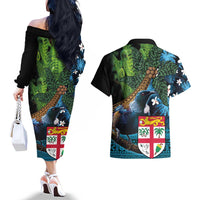 Fiji and New Zealand Tui Bird Couples Matching Off The Shoulder Long Sleeve Dress and Hawaiian Shirt Koru Fern Leafs and Palm Tree With Plumeria LT03 - Polynesian Pride