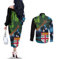 Fiji and New Zealand Tui Bird Couples Matching Off The Shoulder Long Sleeve Dress and Long Sleeve Button Shirt Koru Fern Leafs and Palm Tree With Plumeria LT03 - Polynesian Pride