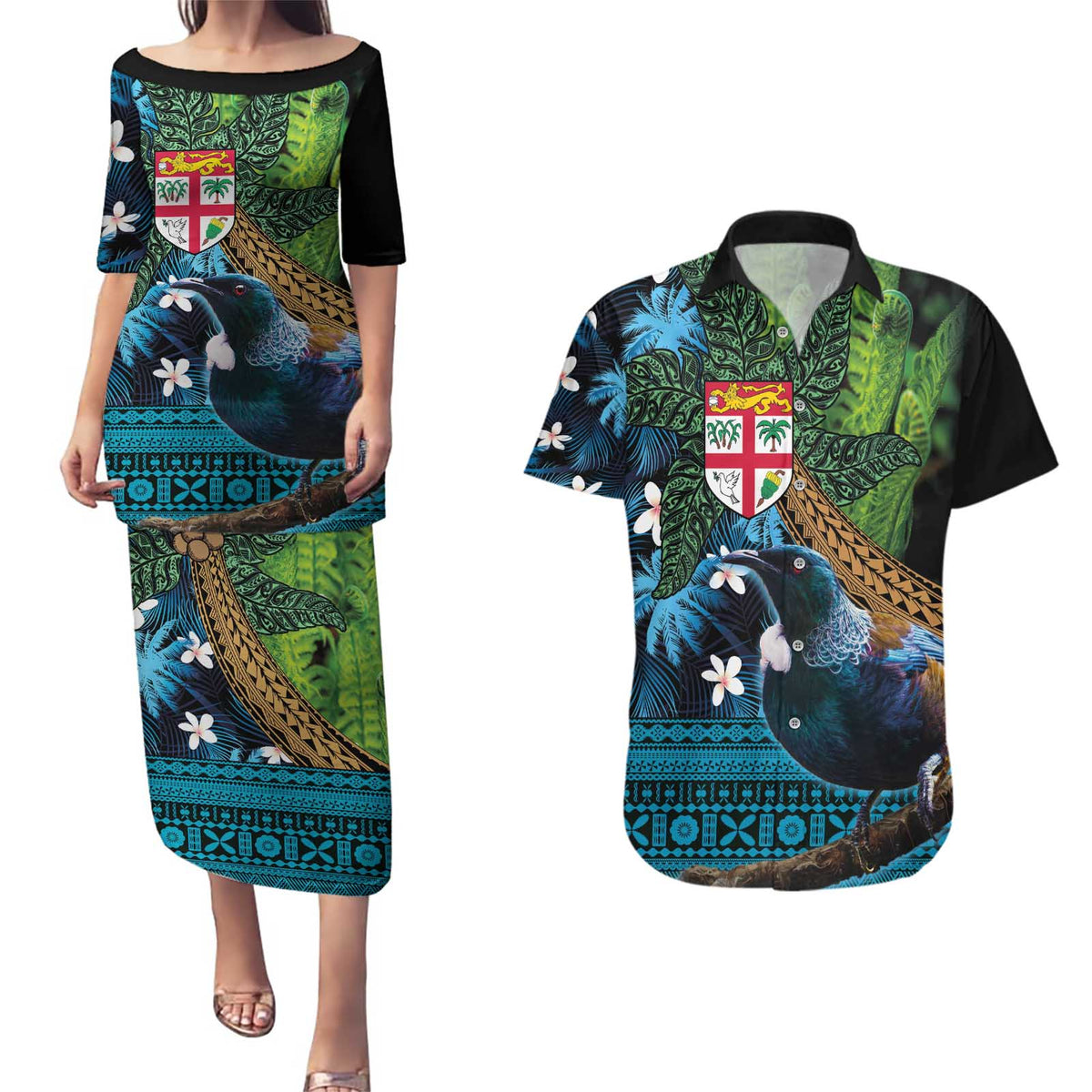 Fiji and New Zealand Tui Bird Couples Matching Puletasi and Hawaiian Shirt Koru Fern Leafs and Palm Tree With Plumeria LT03 Blue - Polynesian Pride