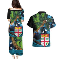 Fiji and New Zealand Tui Bird Couples Matching Puletasi and Hawaiian Shirt Koru Fern Leafs and Palm Tree With Plumeria LT03 - Polynesian Pride