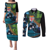 Fiji and New Zealand Tui Bird Couples Matching Puletasi and Long Sleeve Button Shirt Koru Fern Leafs and Palm Tree With Plumeria LT03 Blue - Polynesian Pride