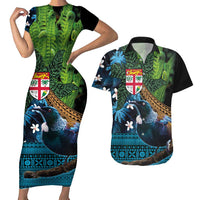 Fiji and New Zealand Tui Bird Couples Matching Short Sleeve Bodycon Dress and Hawaiian Shirt Koru Fern Leafs and Palm Tree With Plumeria LT03 Blue - Polynesian Pride