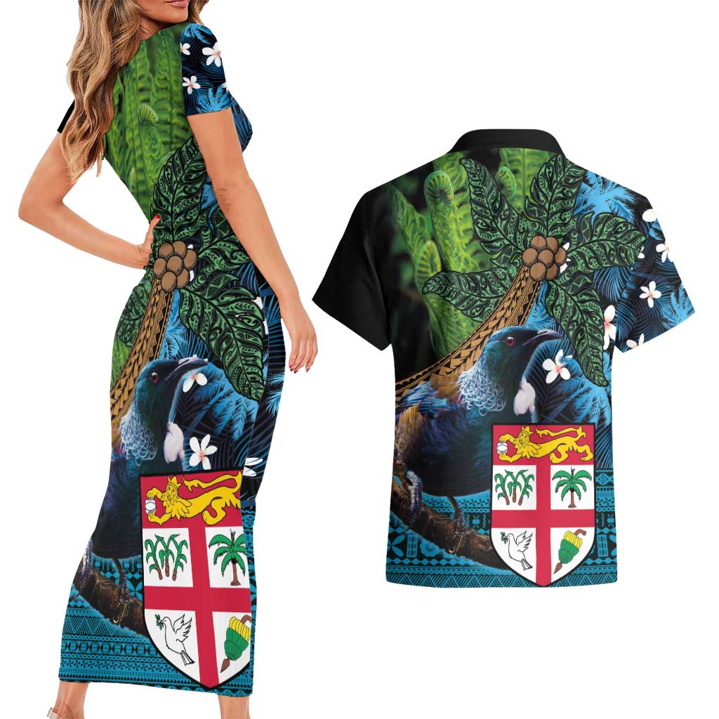 Fiji and New Zealand Tui Bird Couples Matching Short Sleeve Bodycon Dress and Hawaiian Shirt Koru Fern Leafs and Palm Tree With Plumeria LT03 - Polynesian Pride