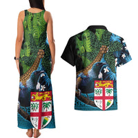 Fiji and New Zealand Tui Bird Couples Matching Tank Maxi Dress and Hawaiian Shirt Koru Fern Leafs and Palm Tree With Plumeria LT03 - Polynesian Pride