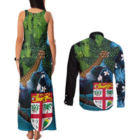 Fiji and New Zealand Tui Bird Couples Matching Tank Maxi Dress and Long Sleeve Button Shirt Koru Fern Leafs and Palm Tree With Plumeria LT03 - Polynesian Pride