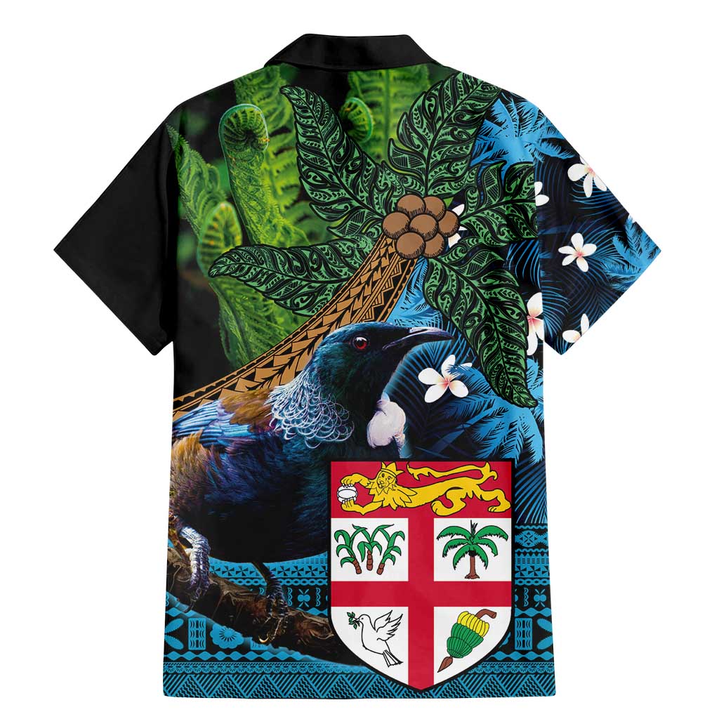 Fiji and New Zealand Tui Bird Family Matching Mermaid Dress and Hawaiian Shirt Koru Fern Leafs and Palm Tree With Plumeria LT03 - Polynesian Pride