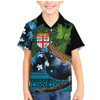 Fiji and New Zealand Tui Bird Family Matching Mermaid Dress and Hawaiian Shirt Koru Fern Leafs and Palm Tree With Plumeria LT03 Son's Shirt Blue - Polynesian Pride