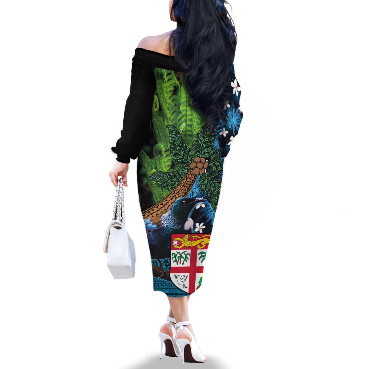 Fiji and New Zealand Tui Bird Family Matching Off The Shoulder Long Sleeve Dress and Hawaiian Shirt Koru Fern Leafs and Palm Tree With Plumeria LT03 - Polynesian Pride
