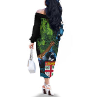 Fiji and New Zealand Tui Bird Family Matching Off The Shoulder Long Sleeve Dress and Hawaiian Shirt Koru Fern Leafs and Palm Tree With Plumeria LT03 - Polynesian Pride