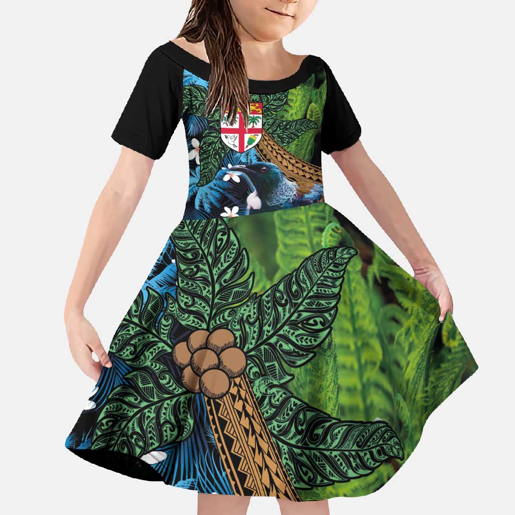 Fiji and New Zealand Tui Bird Family Matching Off Shoulder Maxi Dress and Hawaiian Shirt Koru Fern Leafs and Palm Tree With Plumeria LT03 Daughter's Dress Blue - Polynesian Pride