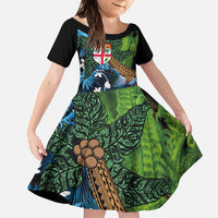 Fiji and New Zealand Tui Bird Family Matching Off Shoulder Maxi Dress and Hawaiian Shirt Koru Fern Leafs and Palm Tree With Plumeria LT03 Daughter's Dress Blue - Polynesian Pride