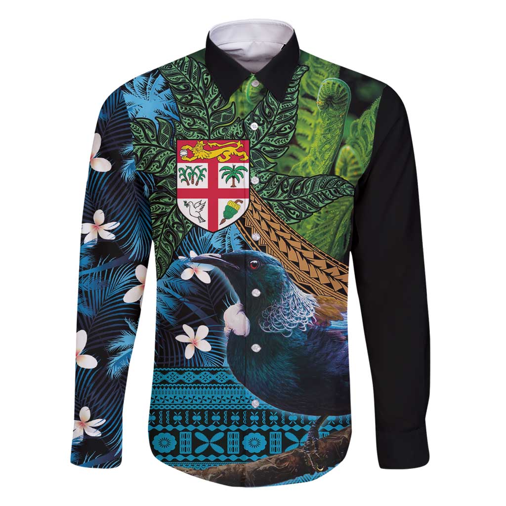 Fiji and New Zealand Tui Bird Family Matching Off Shoulder Maxi Dress and Hawaiian Shirt Koru Fern Leafs and Palm Tree With Plumeria LT03 Dad's Shirt - Long Sleeve Blue - Polynesian Pride