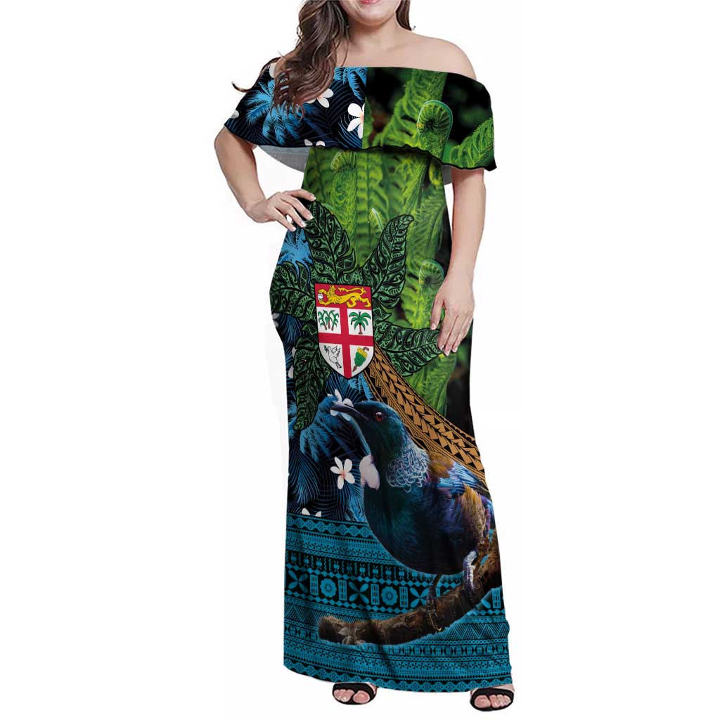 Fiji and New Zealand Tui Bird Family Matching Off Shoulder Maxi Dress and Hawaiian Shirt Koru Fern Leafs and Palm Tree With Plumeria LT03 Mom's Dress Blue - Polynesian Pride