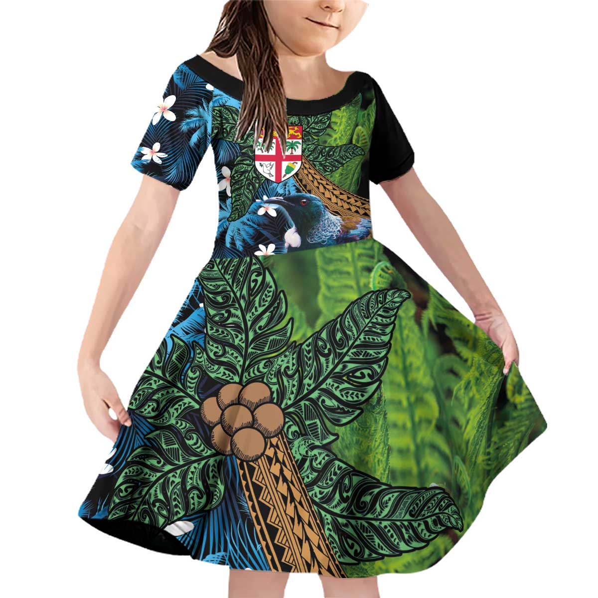 Fiji and New Zealand Tui Bird Family Matching Off Shoulder Short Dress and Hawaiian Shirt Koru Fern Leafs and Palm Tree With Plumeria LT03 Daughter's Dress Blue - Polynesian Pride