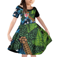 Fiji and New Zealand Tui Bird Family Matching Off Shoulder Short Dress and Hawaiian Shirt Koru Fern Leafs and Palm Tree With Plumeria LT03 Daughter's Dress Blue - Polynesian Pride