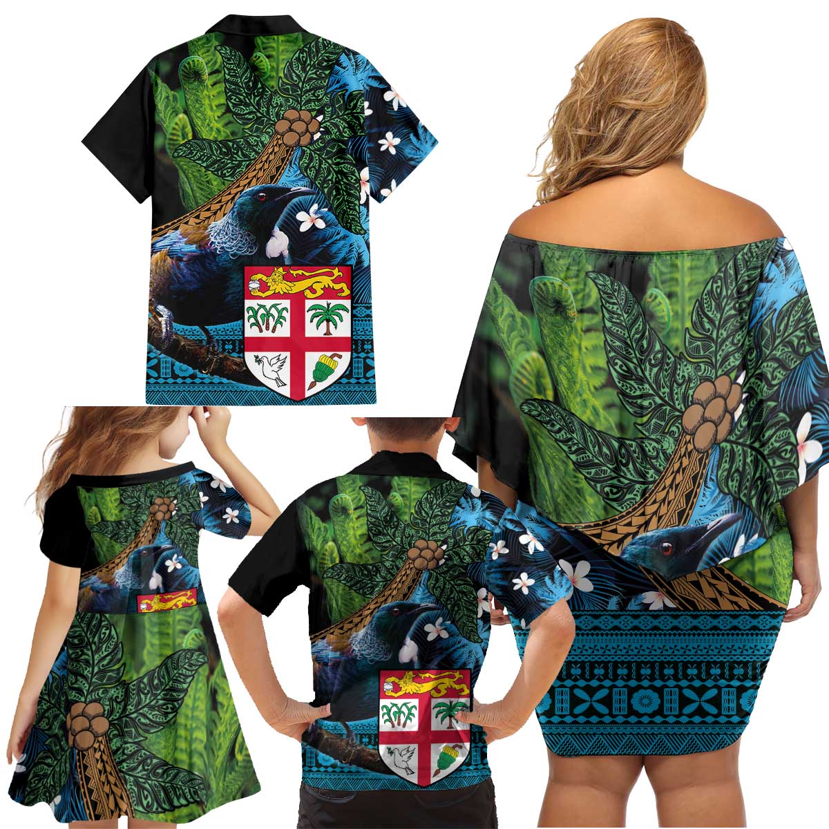Fiji and New Zealand Tui Bird Family Matching Off Shoulder Short Dress and Hawaiian Shirt Koru Fern Leafs and Palm Tree With Plumeria LT03 - Polynesian Pride