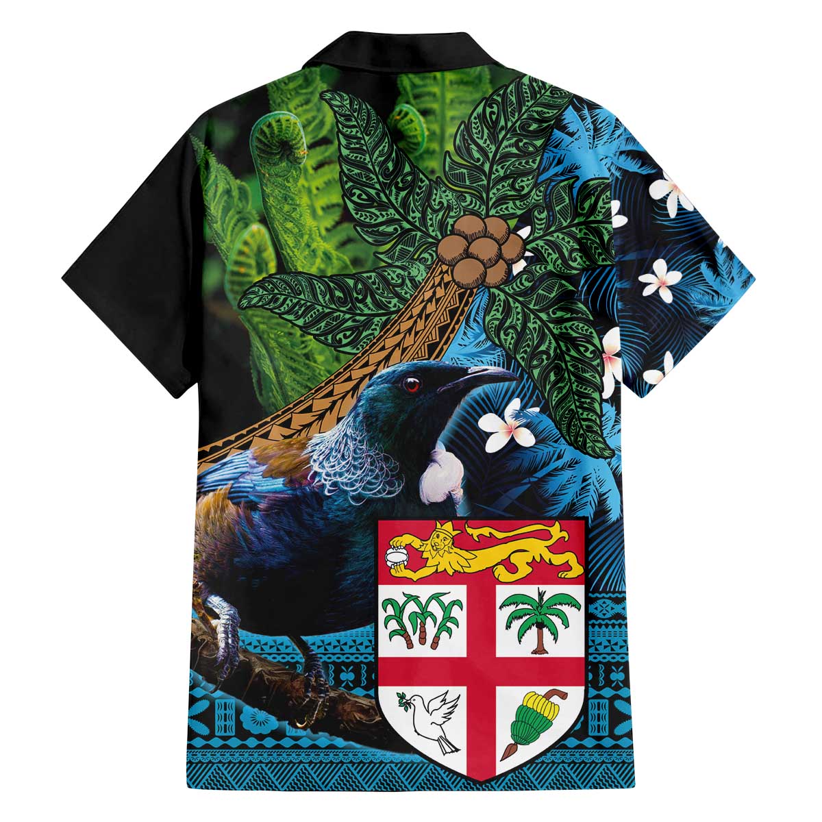 Fiji and New Zealand Tui Bird Family Matching Off Shoulder Short Dress and Hawaiian Shirt Koru Fern Leafs and Palm Tree With Plumeria LT03 - Polynesian Pride