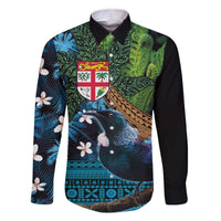 Fiji and New Zealand Tui Bird Family Matching Off Shoulder Short Dress and Hawaiian Shirt Koru Fern Leafs and Palm Tree With Plumeria LT03 Dad's Shirt - Long Sleeve Blue - Polynesian Pride