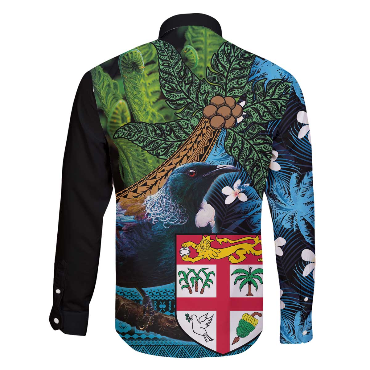 Fiji and New Zealand Tui Bird Family Matching Off Shoulder Short Dress and Hawaiian Shirt Koru Fern Leafs and Palm Tree With Plumeria LT03 - Polynesian Pride