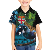 Fiji and New Zealand Tui Bird Family Matching Off Shoulder Short Dress and Hawaiian Shirt Koru Fern Leafs and Palm Tree With Plumeria LT03 Son's Shirt Blue - Polynesian Pride