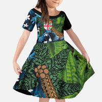 Fiji and New Zealand Tui Bird Family Matching Puletasi and Hawaiian Shirt Koru Fern Leafs and Palm Tree With Plumeria LT03 Daughter's Dress Blue - Polynesian Pride
