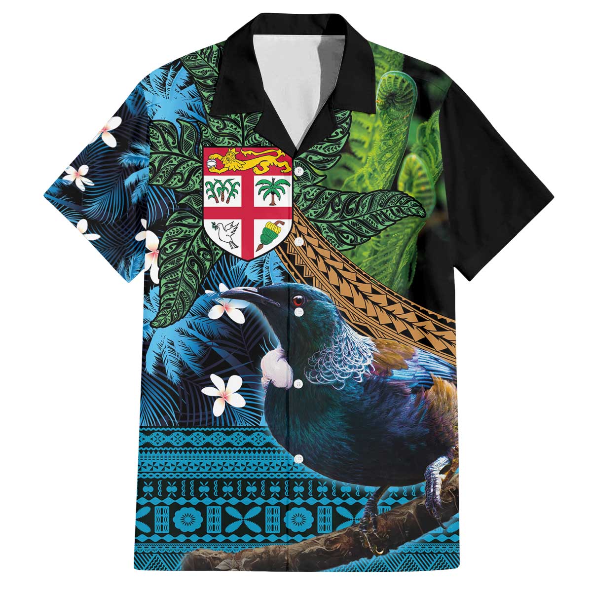 Fiji and New Zealand Tui Bird Family Matching Puletasi and Hawaiian Shirt Koru Fern Leafs and Palm Tree With Plumeria LT03 Dad's Shirt - Short Sleeve Blue - Polynesian Pride